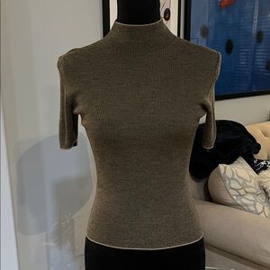 Theory Tan/Black Knit Mock Neck Short Sleeve Top